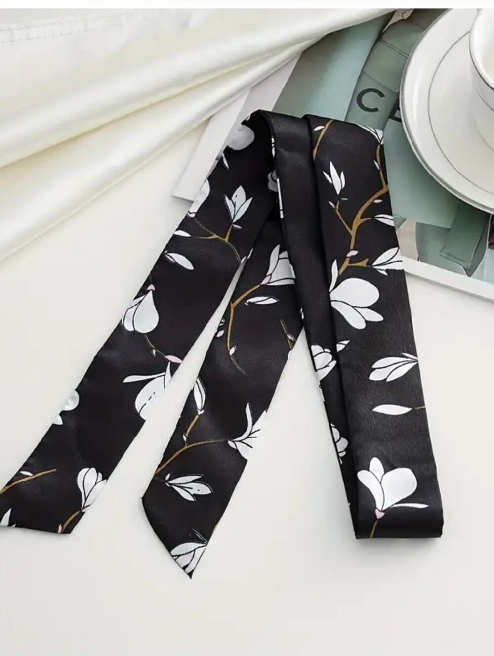 2× Bag Twilly Purse Skinny Scarf Black Blossoms